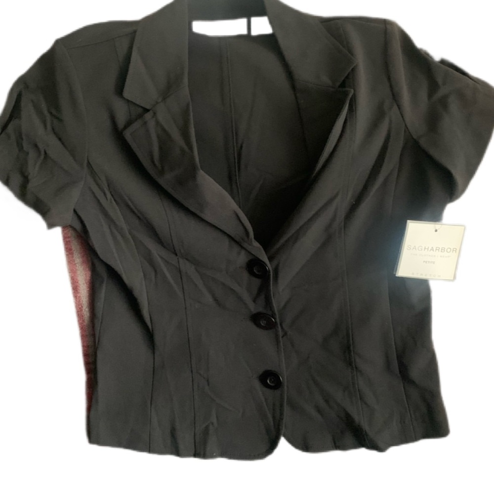 New Women's Sag Harbor Stretch Petite Blouse Sz 6P Classic Black Big Buttons